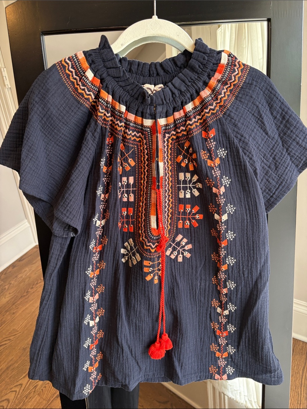 Navy Embroidered Peasant Blouse with Coral Accents